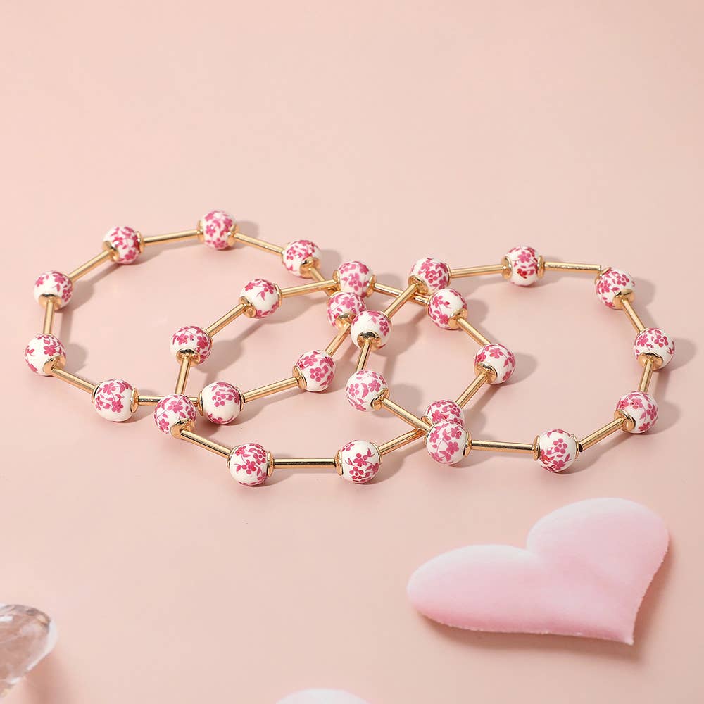 Pink Floral Beaded Stretch Bracelet Set