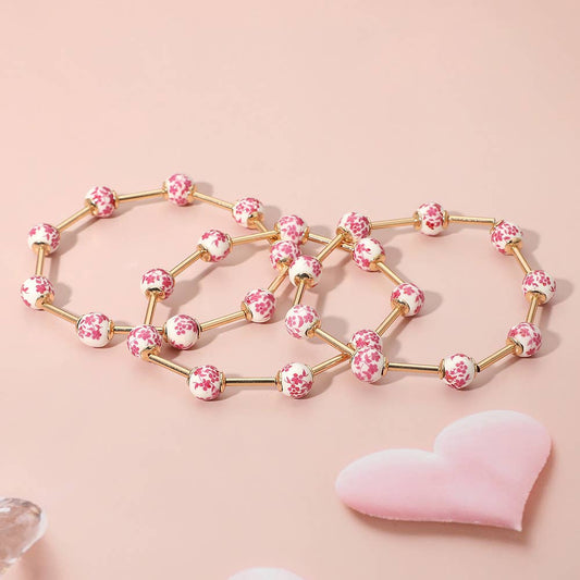 Pink Floral Beaded Stretch Bracelet Set