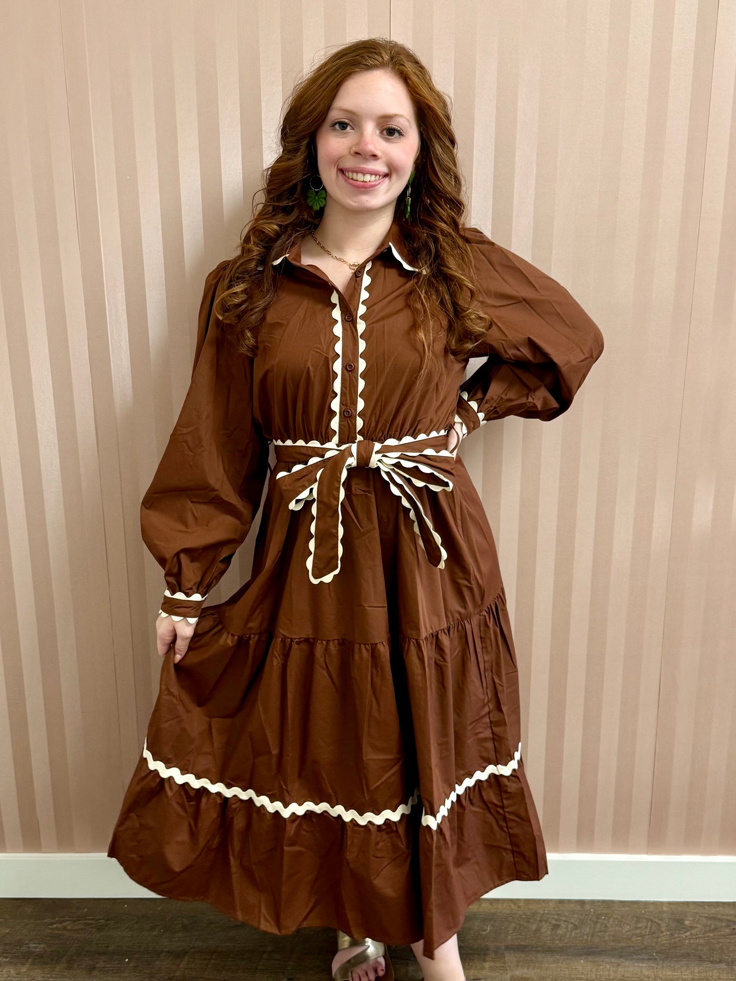 Brown Belted Waist Midi Dress