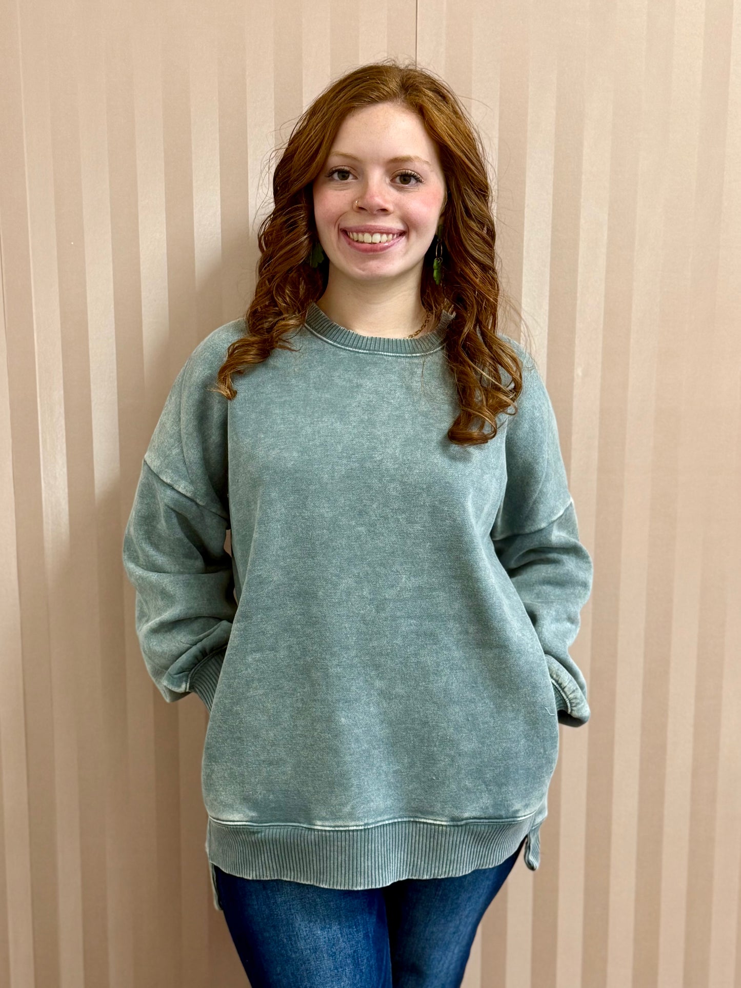 Plus Ash Jade Acid Wash Fleece Hi-Low Pullover