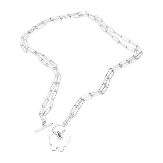 Hammered Metal Butterfly Double Layered Toggle Necklace