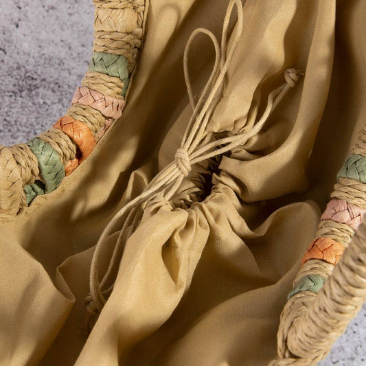 Multi Striped Straw Weave Round Rope Handle Tote Bag