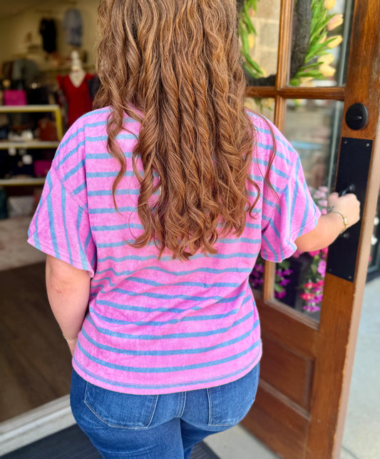 Purple Ruffle Sleeve Stripe Knit Top
