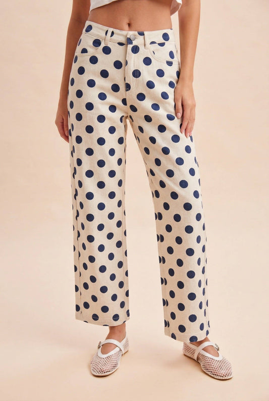 Navy Polka Dot Wide Straight Leg Pants