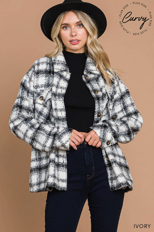 Plus Heavy Weight Brushed Plaid Shacket / Ivory