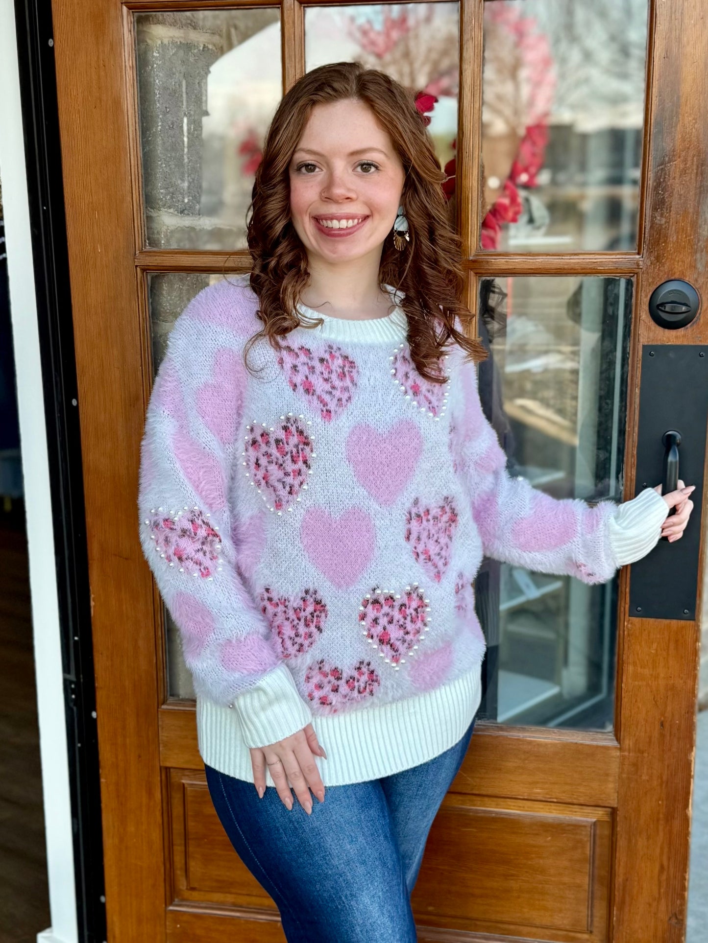 Pink Leopard Pearl Heart Sweater