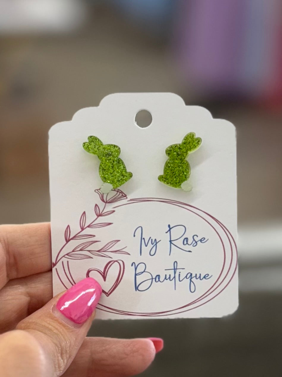 Green Sparkle Acrylic Bunny Studs