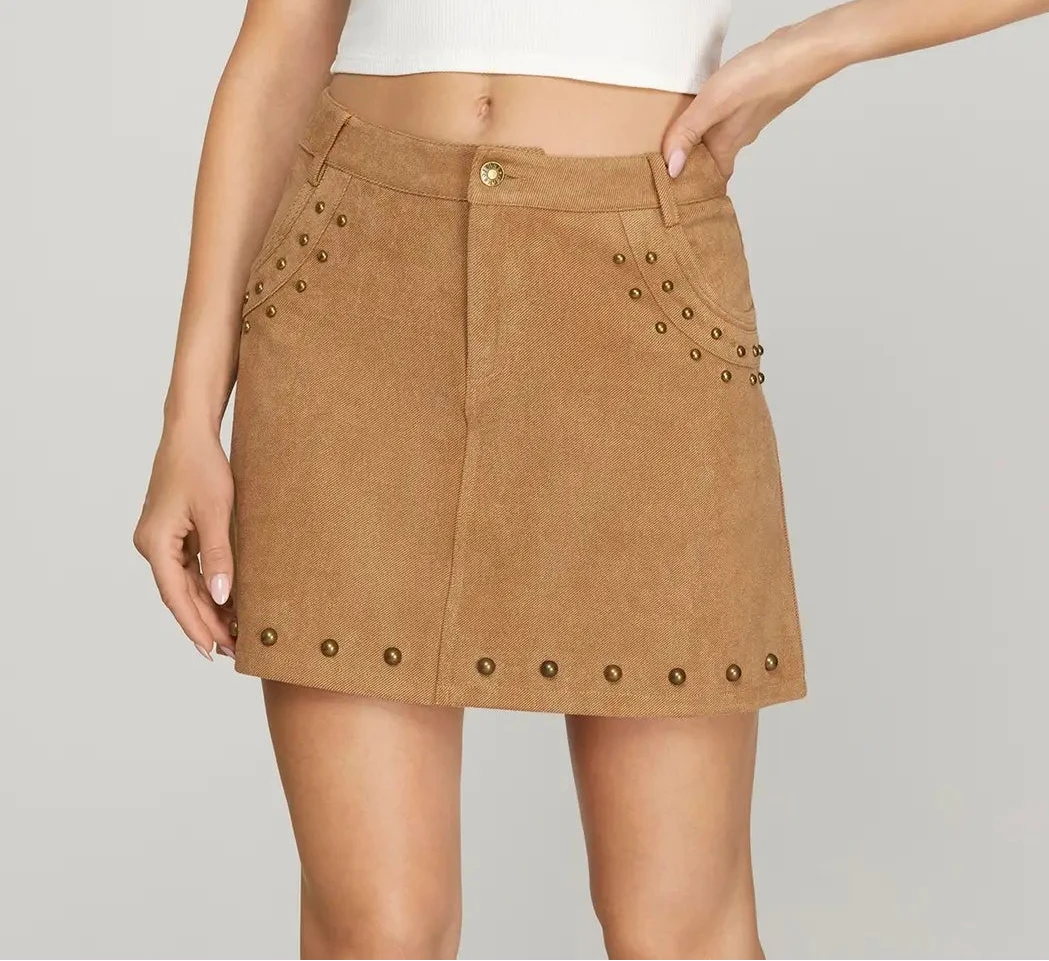 Camel Suede Studded Mini Skirt