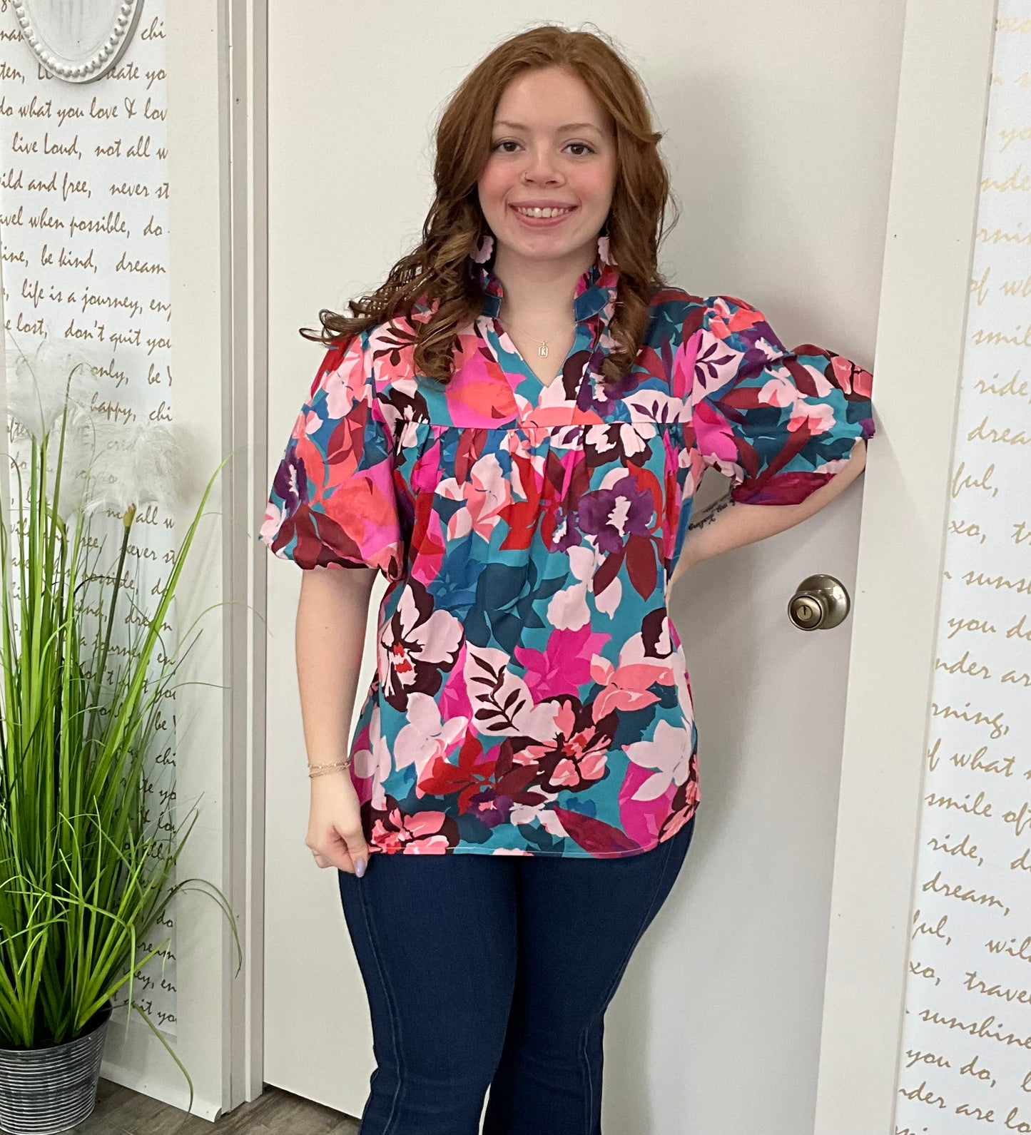 Rose Red Floral Print V Neck Lantern Sleeve Blouse