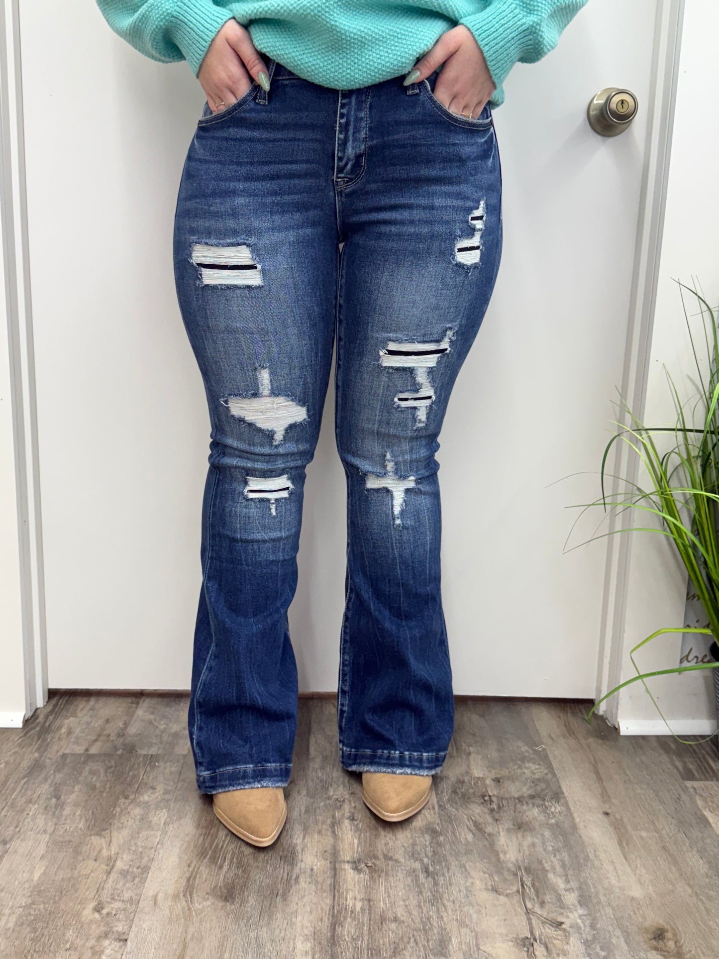 Petite Distressed Mid Rise Stretch Flare Jeans