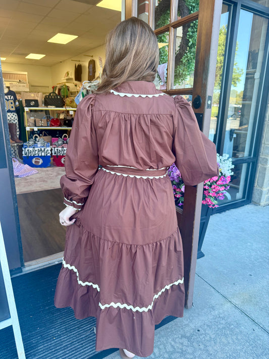 Brown Belted Waist Midi Dress