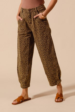 Leopard Print Wide Leg Barrel Jeans
