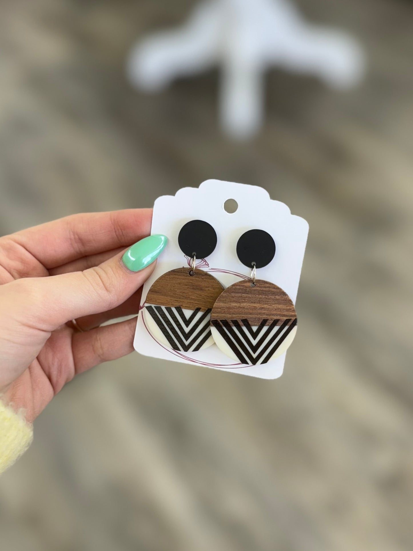 Chevron Wood Disc and Acrylic Earrings