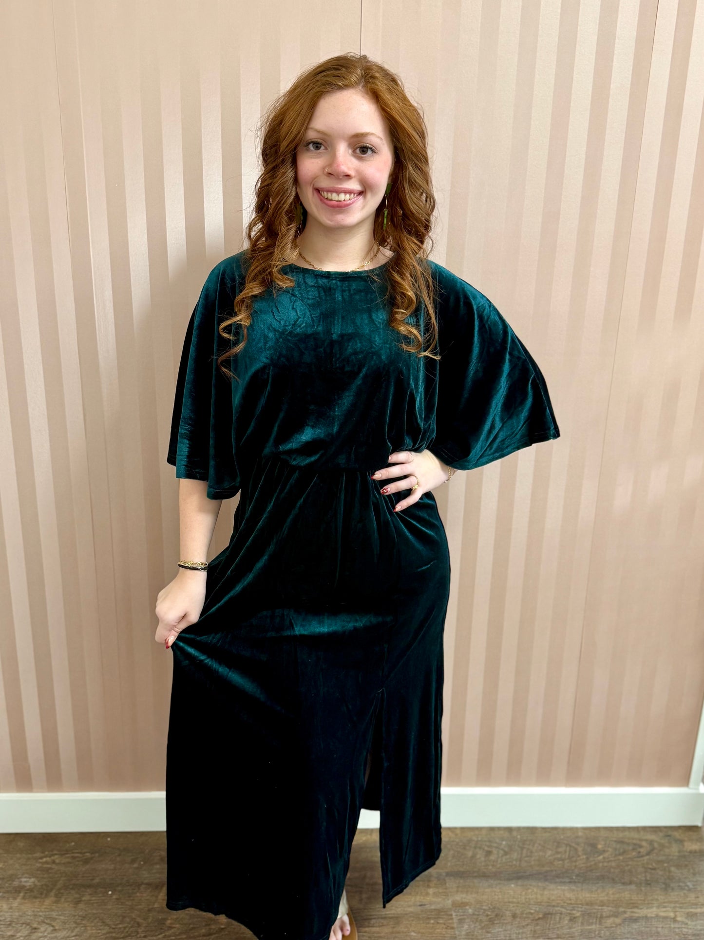 Dark Green Velvet Flutter Sleeve Dress