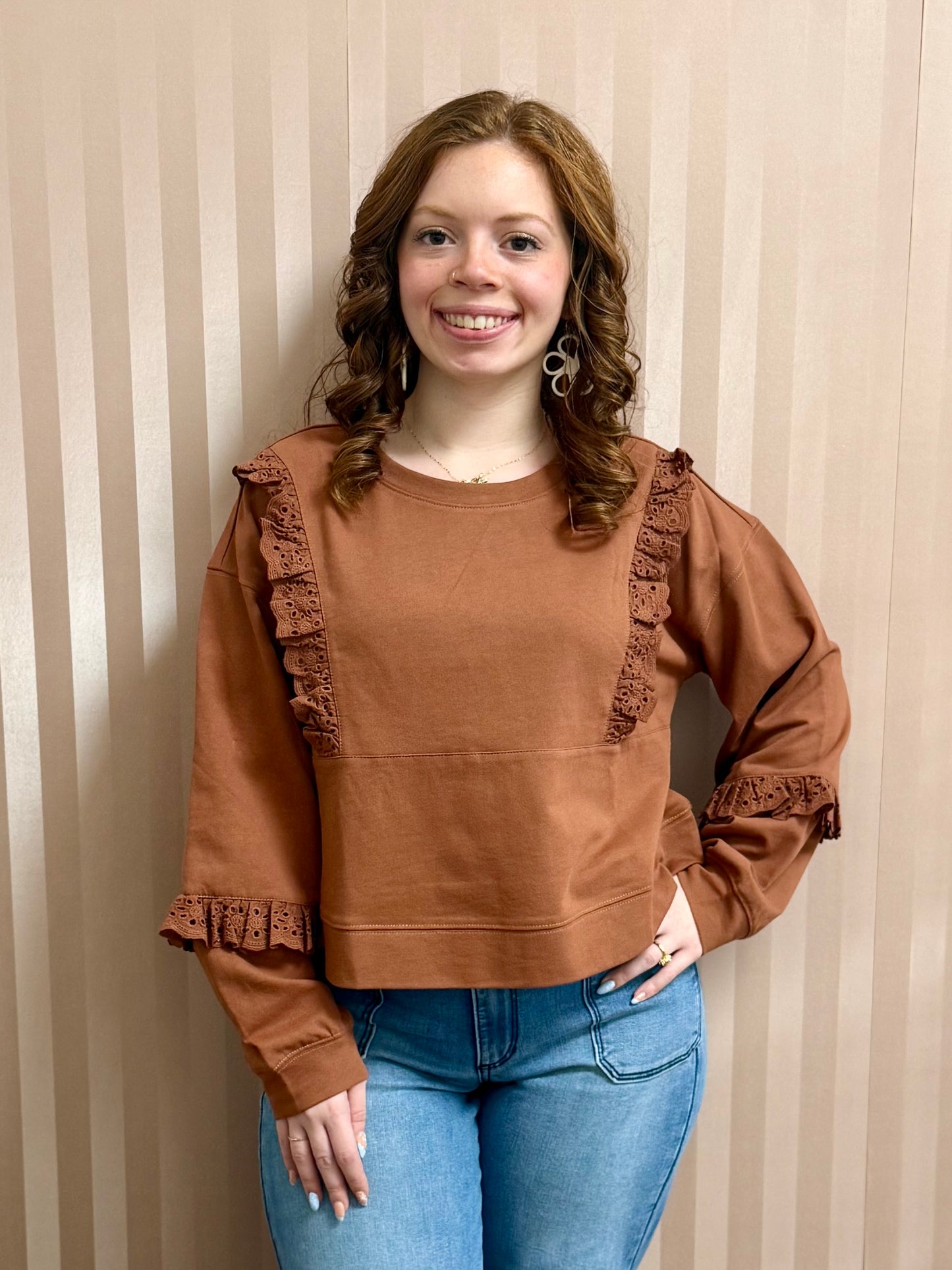 Rust Cotton Ruffle-Detailed Knit Top