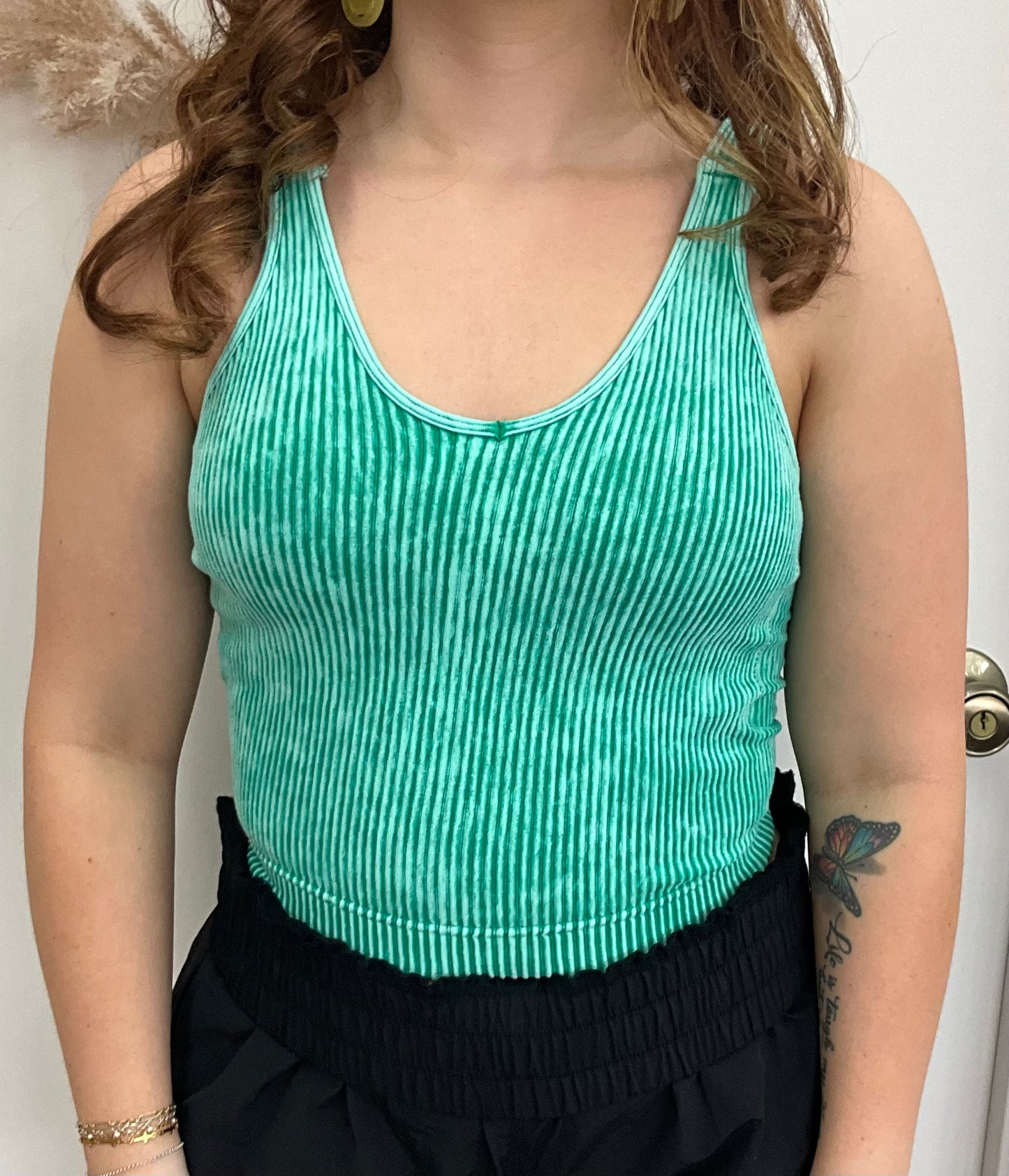 Kelly Green Washed Ribbed Seamless Bra Padded V-Neck Tank