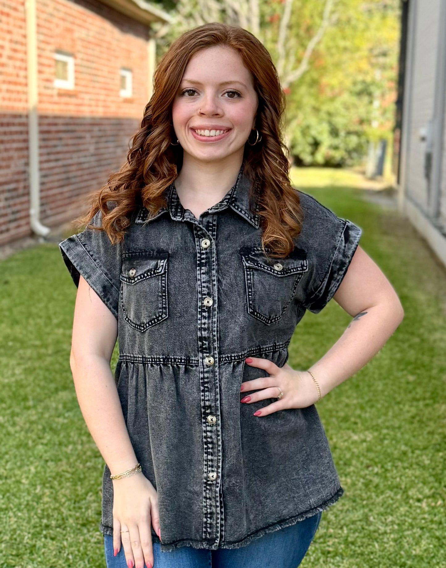 Black Denim Raw Hem Baby Top