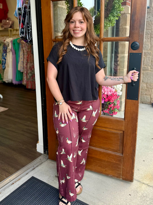 Burgundy Mallard Print Wide Leg Jeans