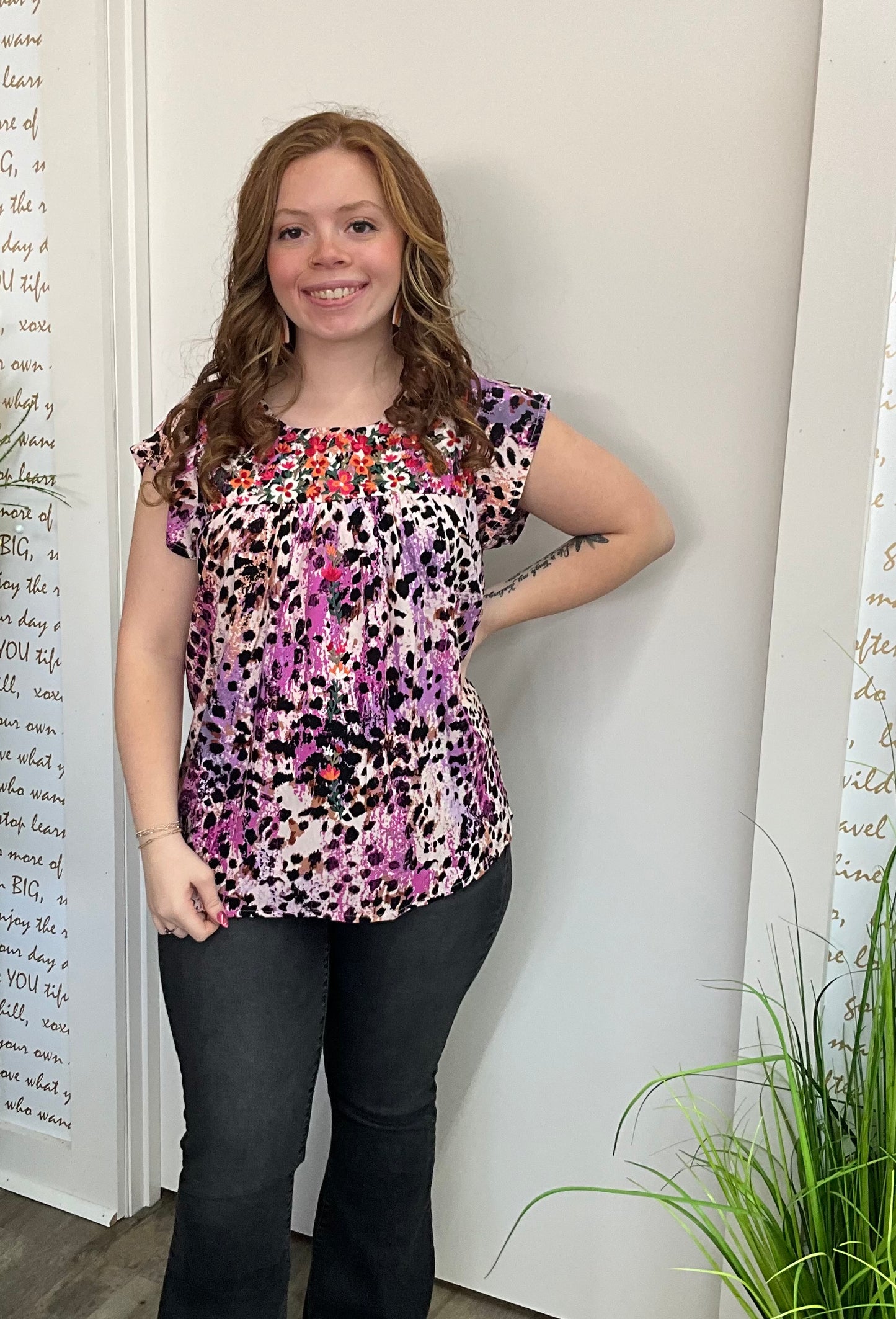Magenta Flutter Top With Round Neckline