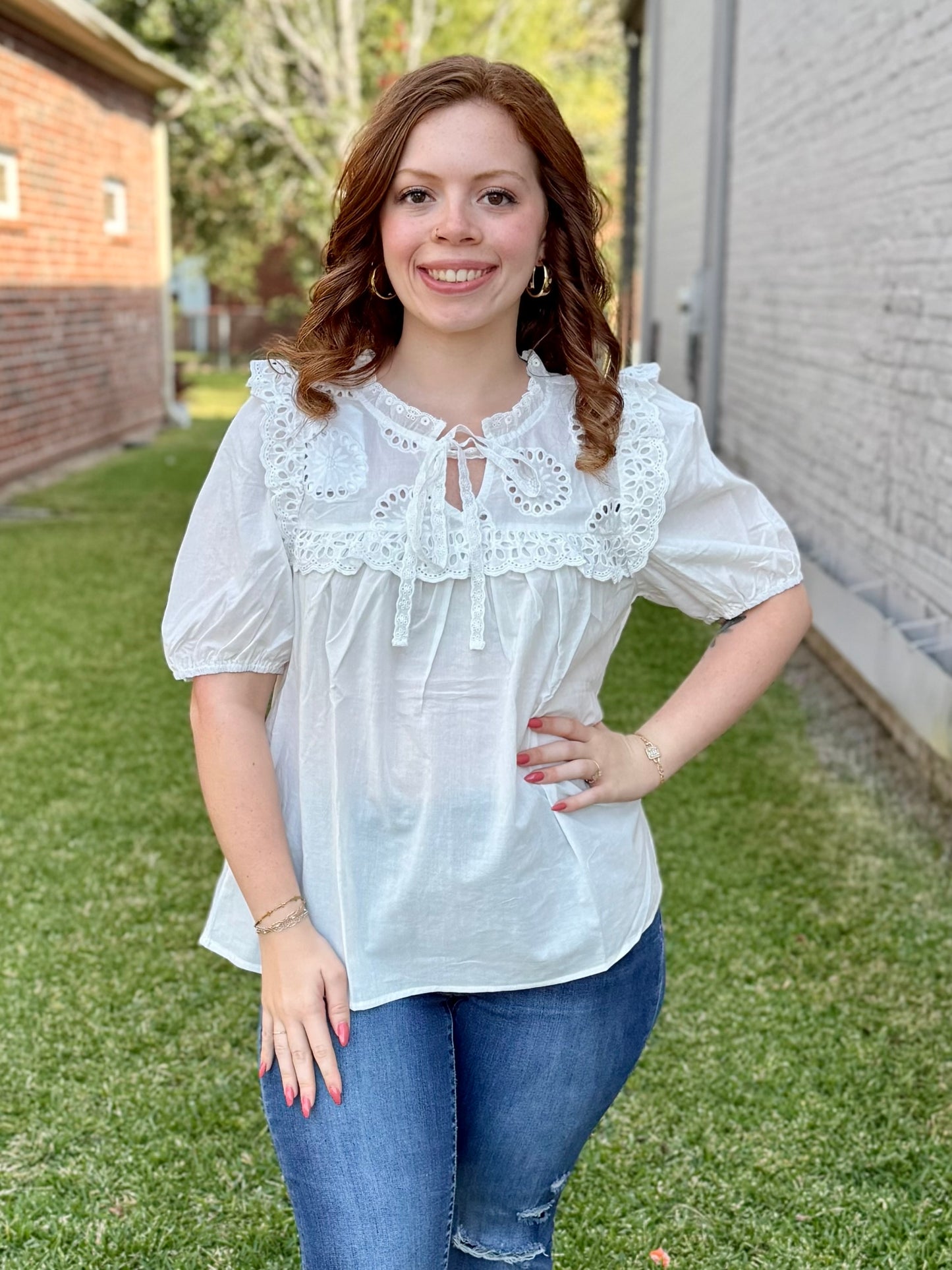 White Lace Patchwork Puff Sleeve Top