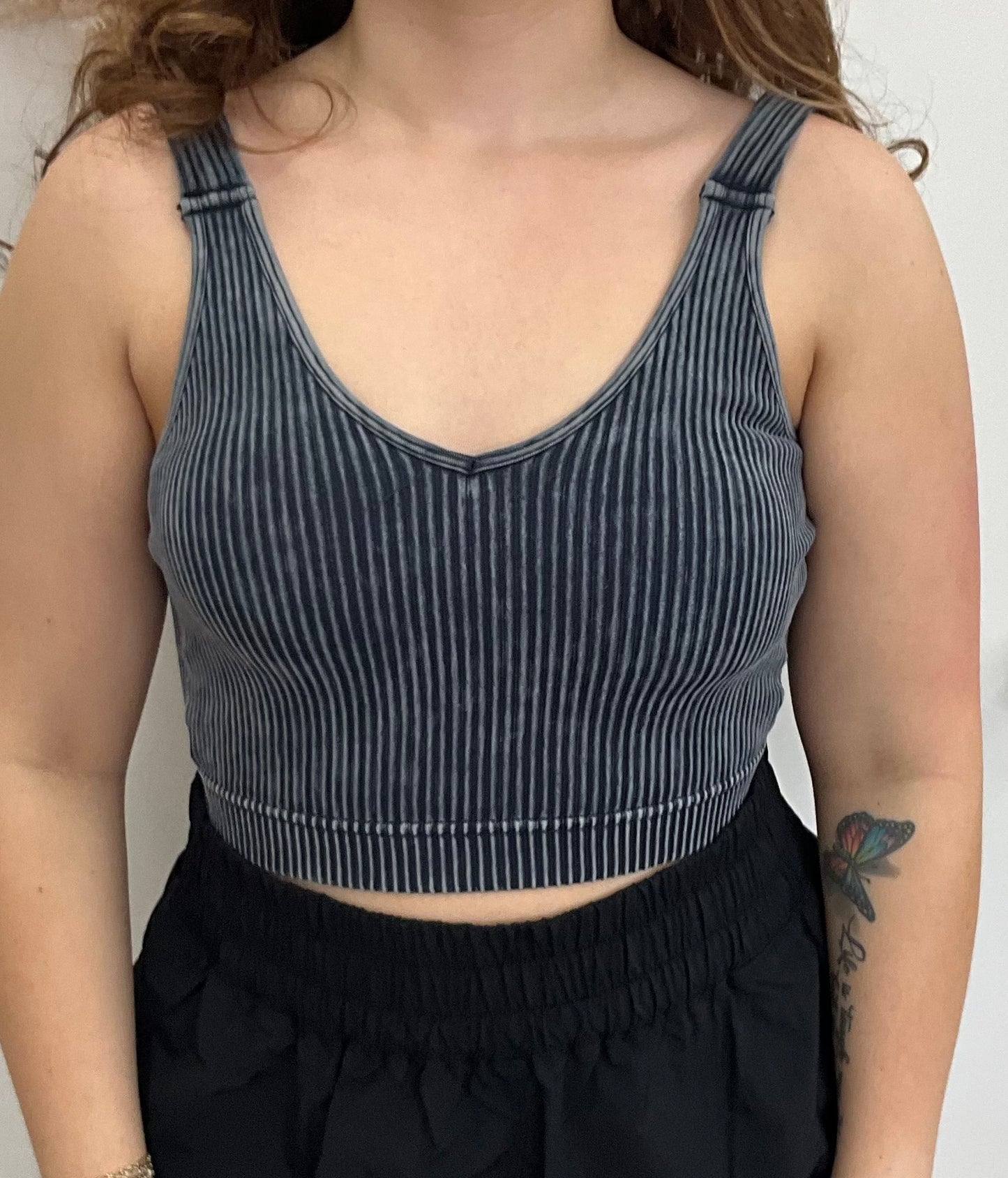 Ash Black Washed Ribbed Cropped Seamless Bra Padded Tank Top