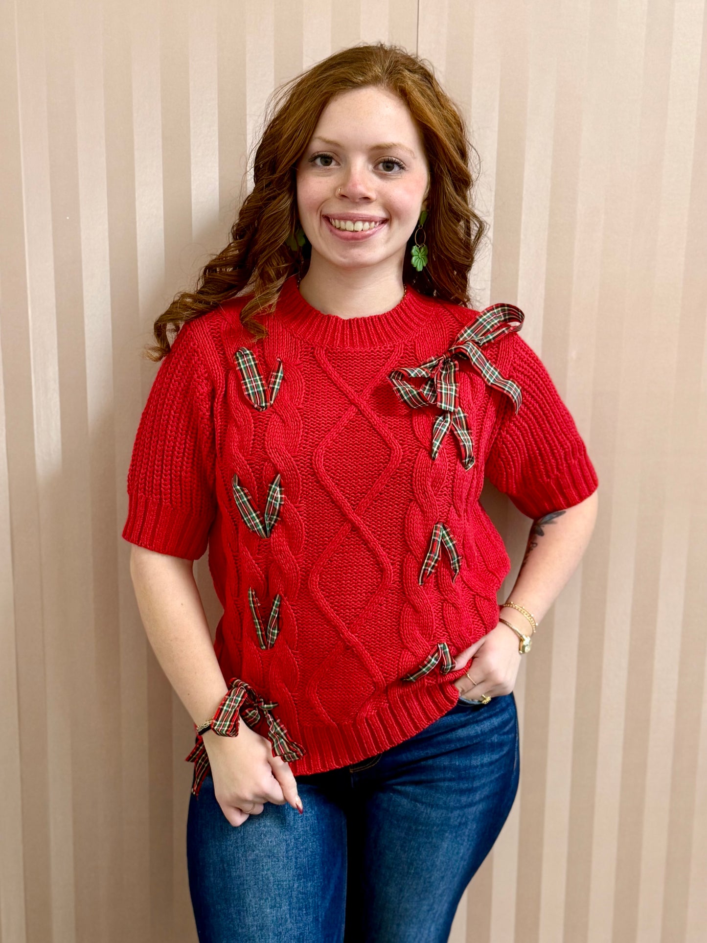 Red Plaid Tie Short Sleeve Sweater