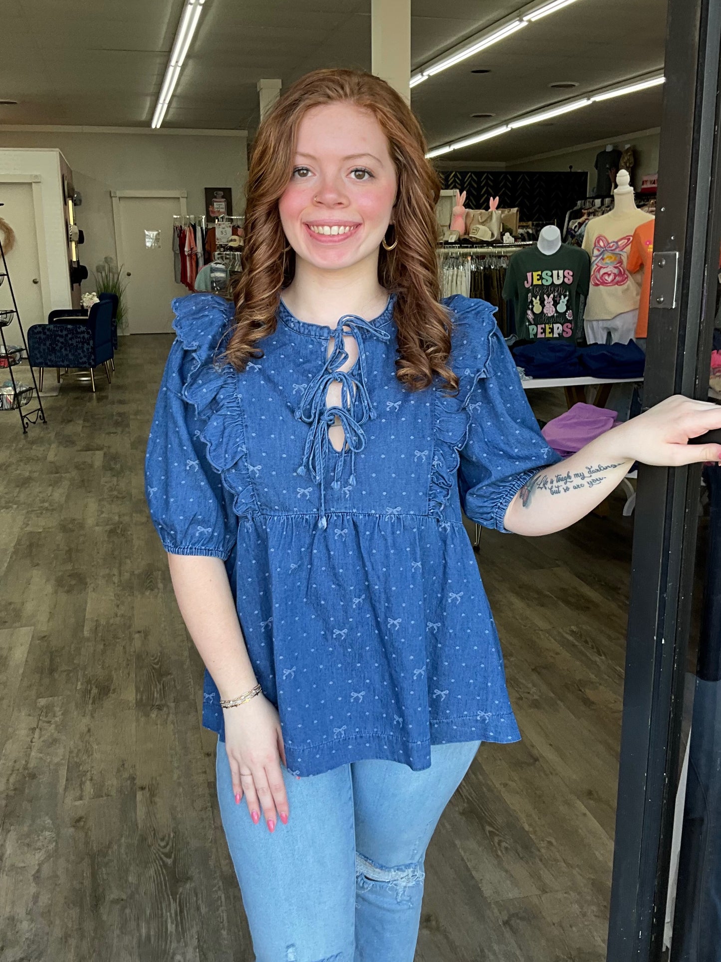 Denim Ribbon Print Ruffled Top