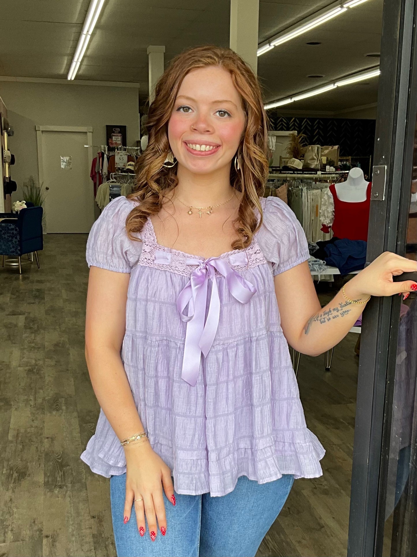 Lavender Bow Shirred Top