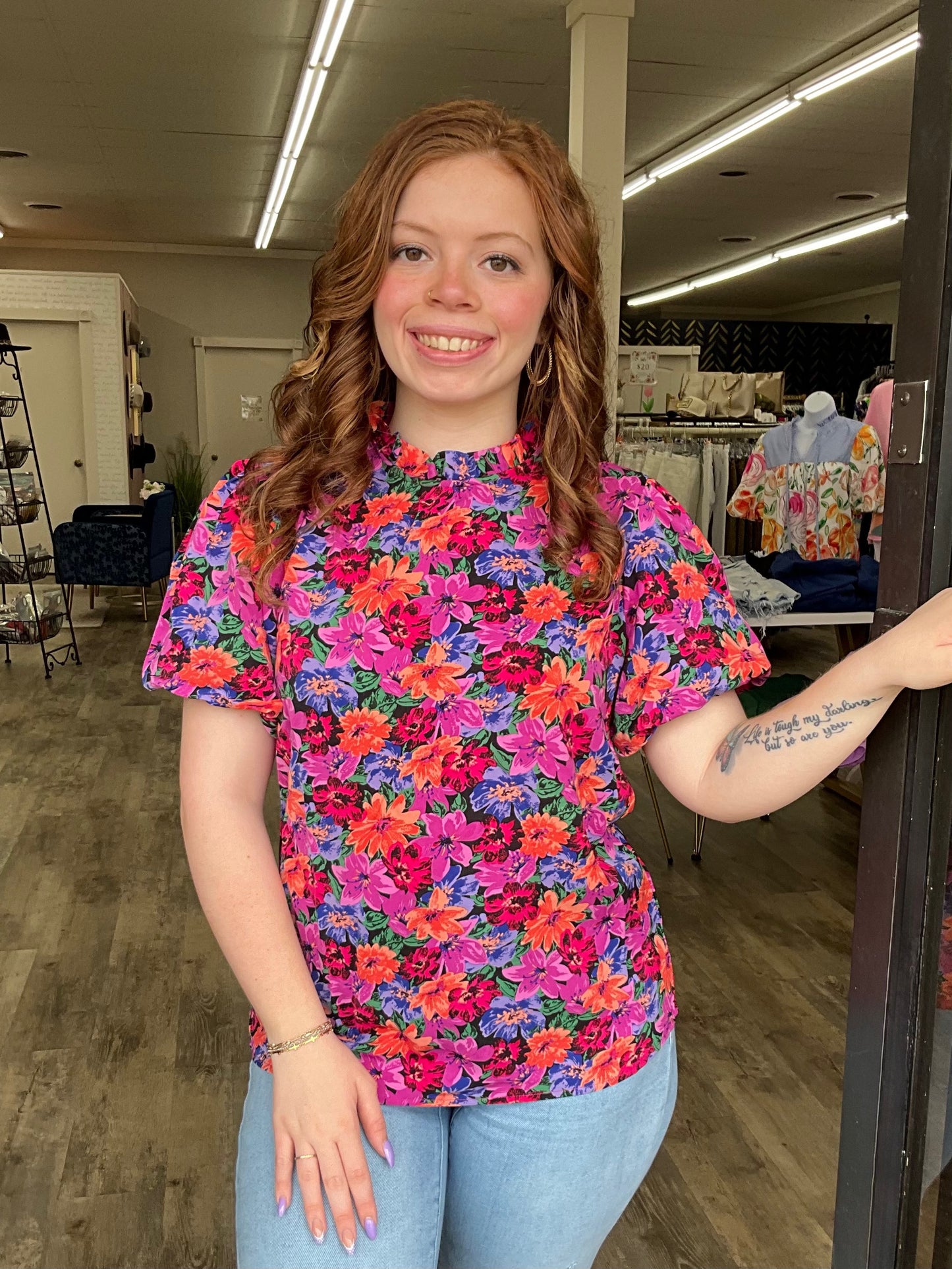 Multi Color Floral Puff Sleeve Top