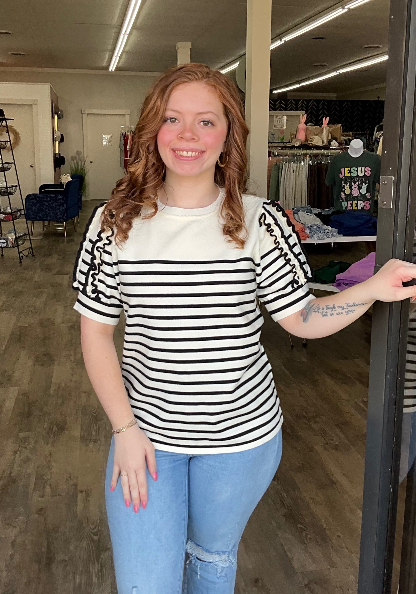 Striped Puffed Sleeve Knit Top