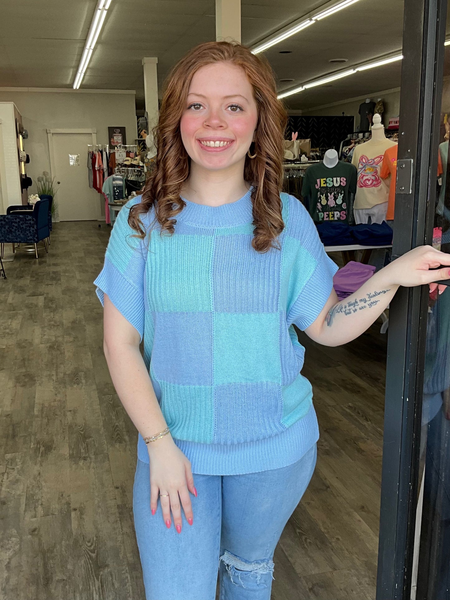 Blue Checkered Color Block Sweater