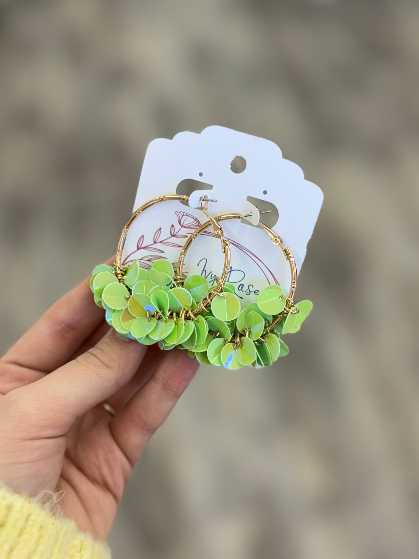 Light Green Shiny Multi Sequin Hoop Earrings