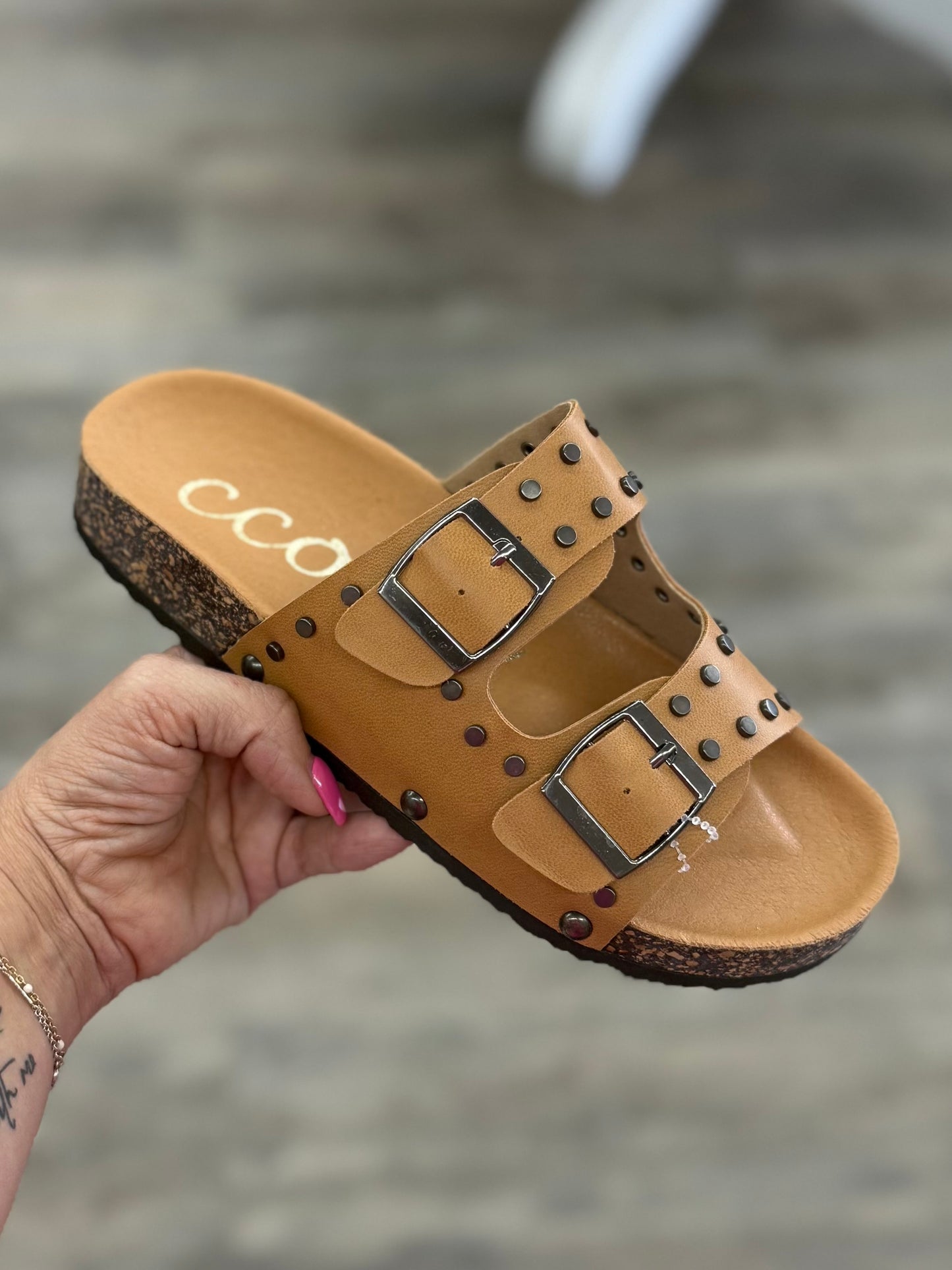 Camel Round Studded Double Strap Slide Sandal