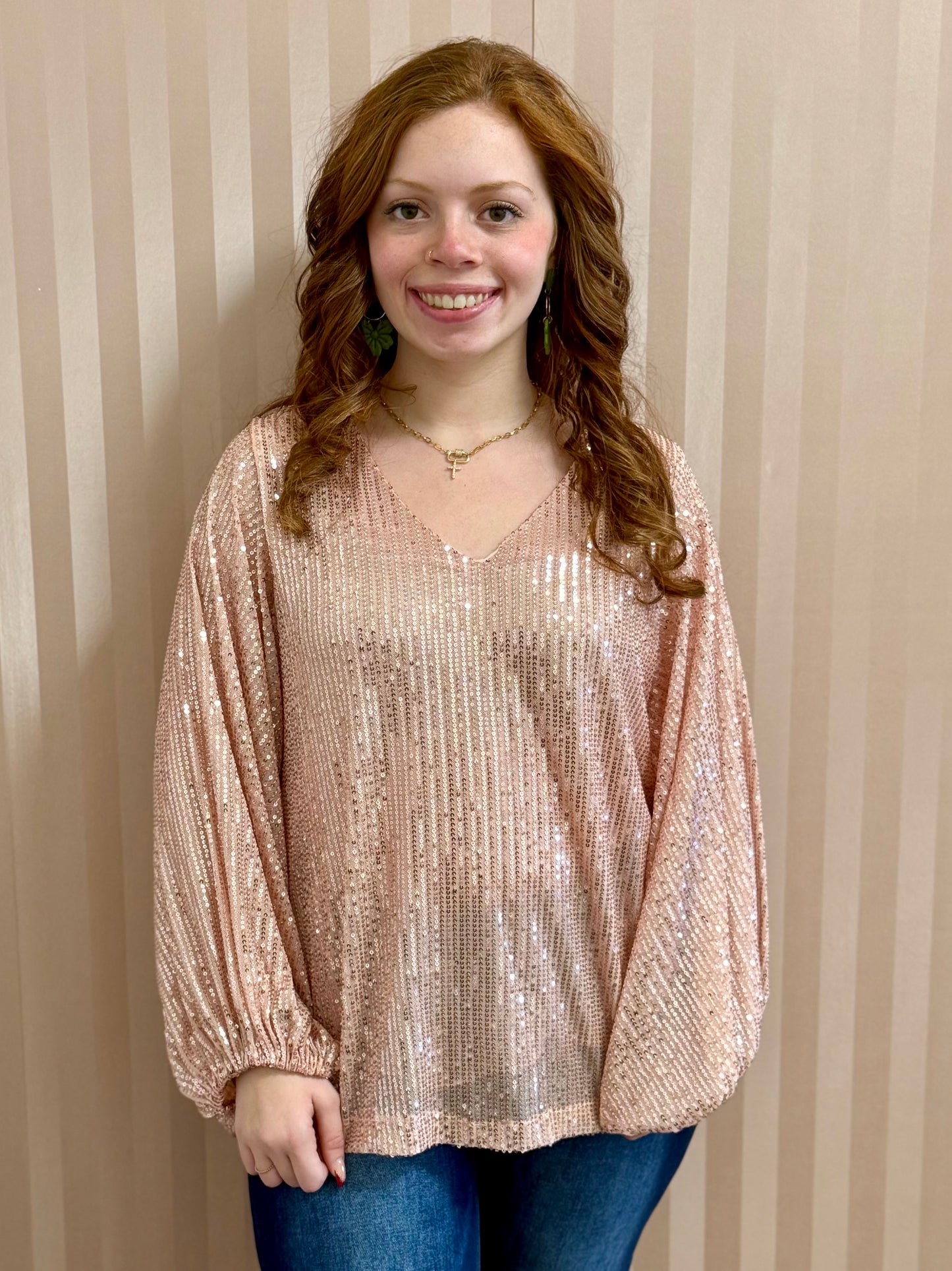 V-Neck Balloon Sleeve Sequin Top / Blush