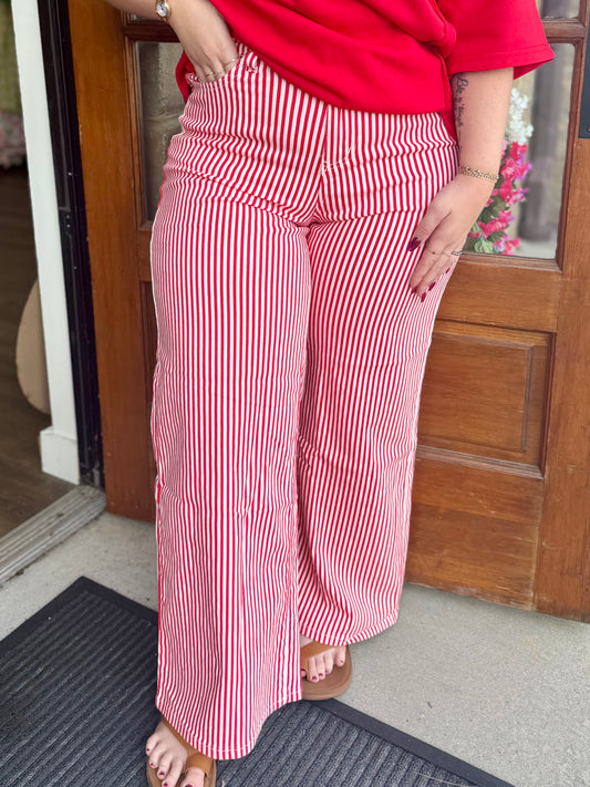 Red High Rise Wide Leg Stripe Pants