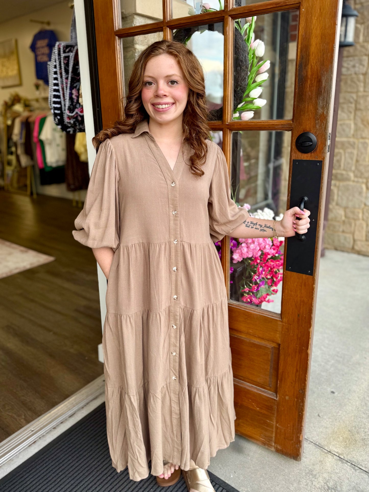 Taupe Button Down Tiered Midi Dress