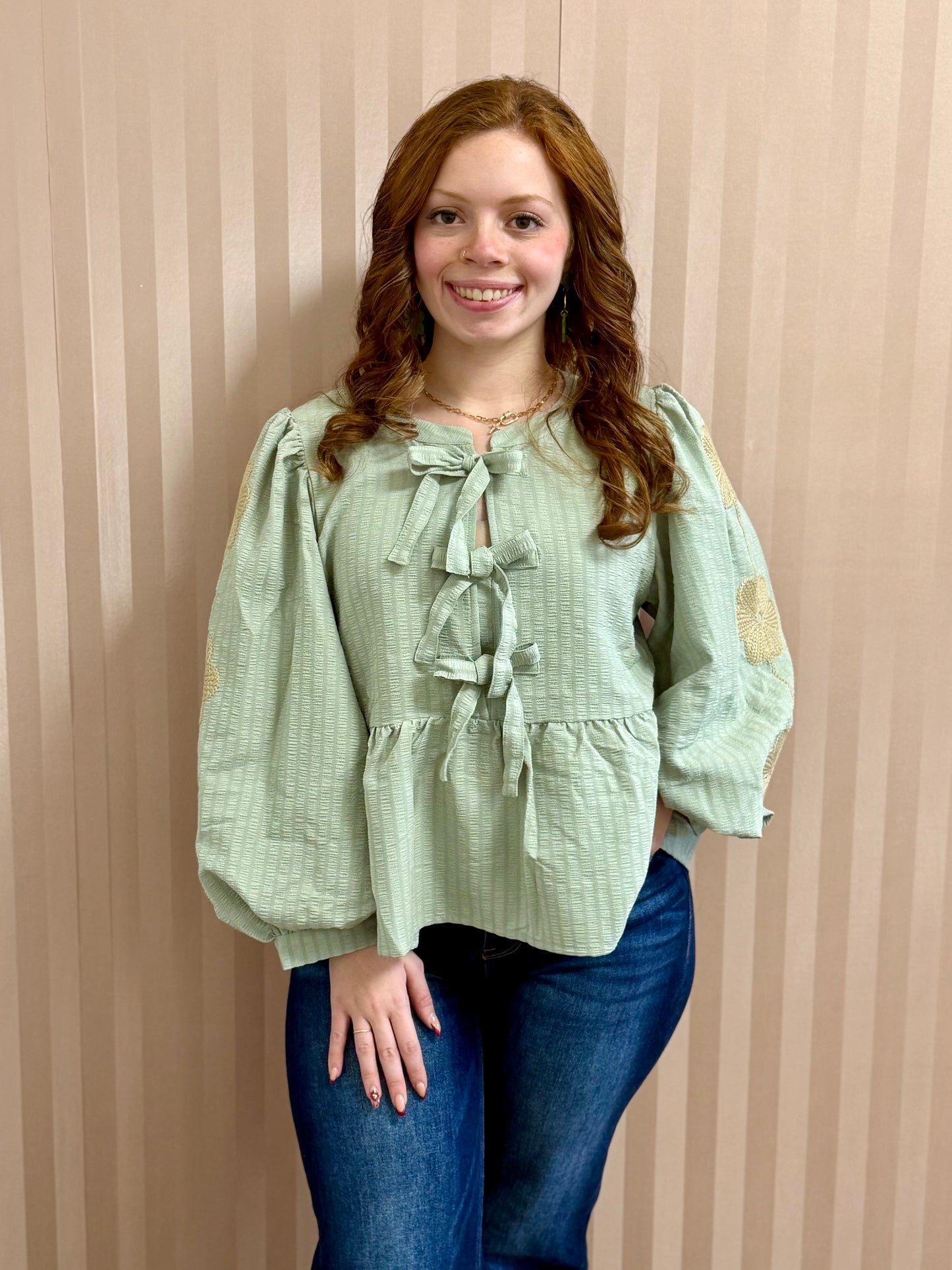Sage Bow Tie Embroidered Peplum Top