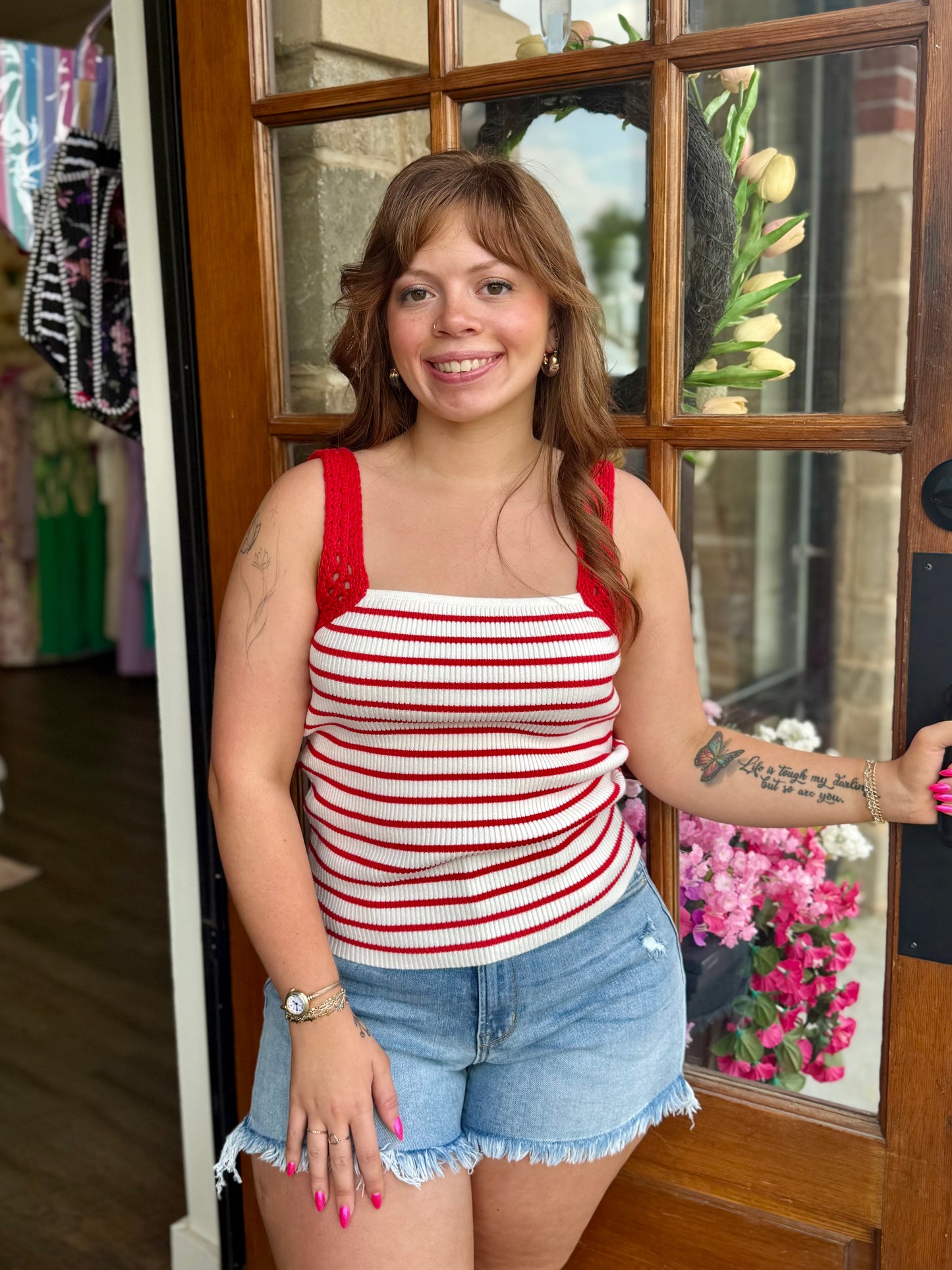 Red Crochet Sleeve Striped Knit Tank Top