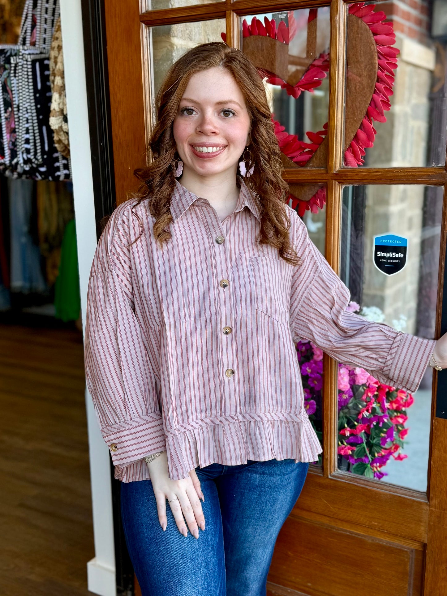 Mauve Striped Button-Up Top