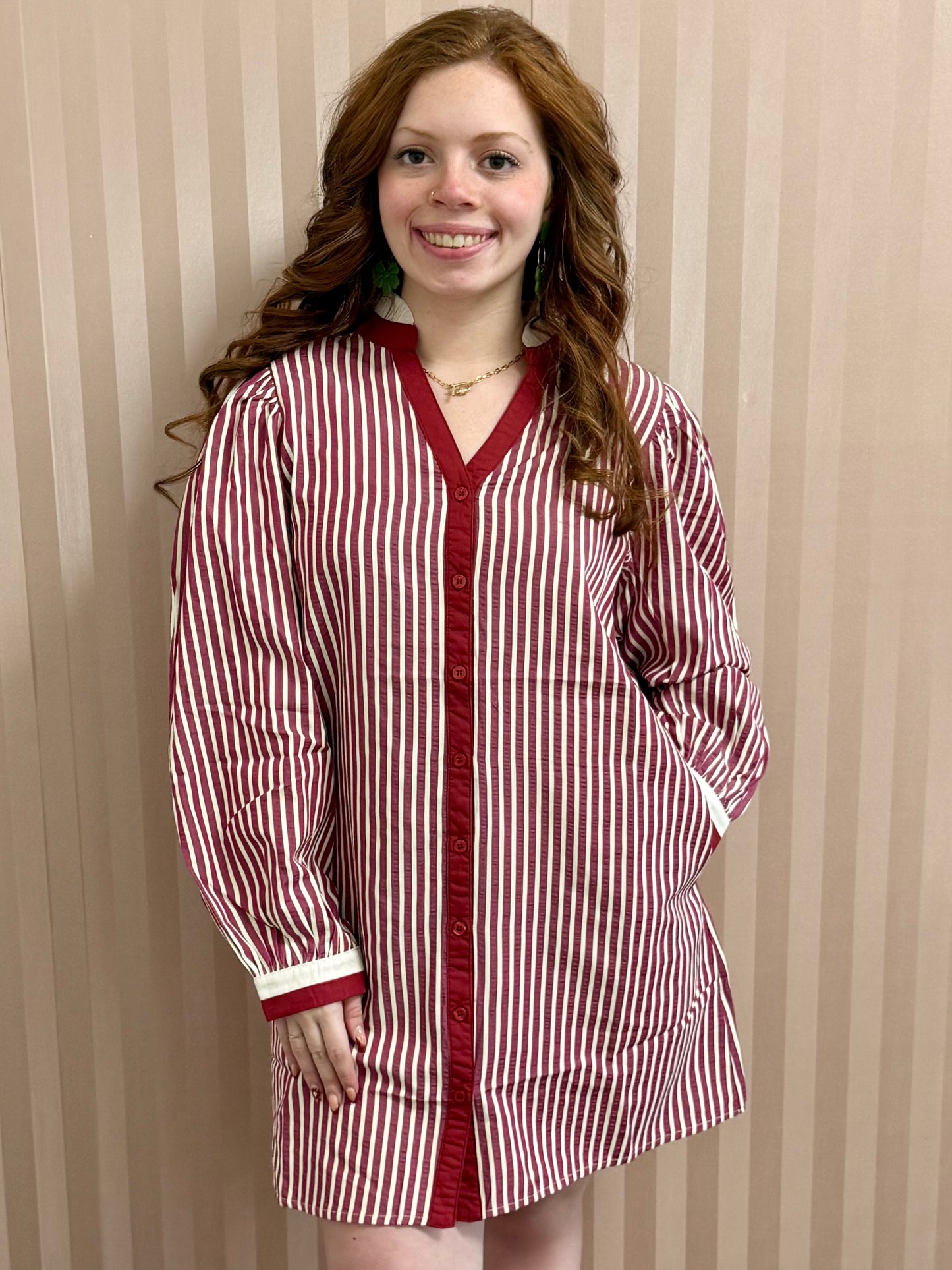 Magenta Ruffled Neckline Button Down Stripe Dress