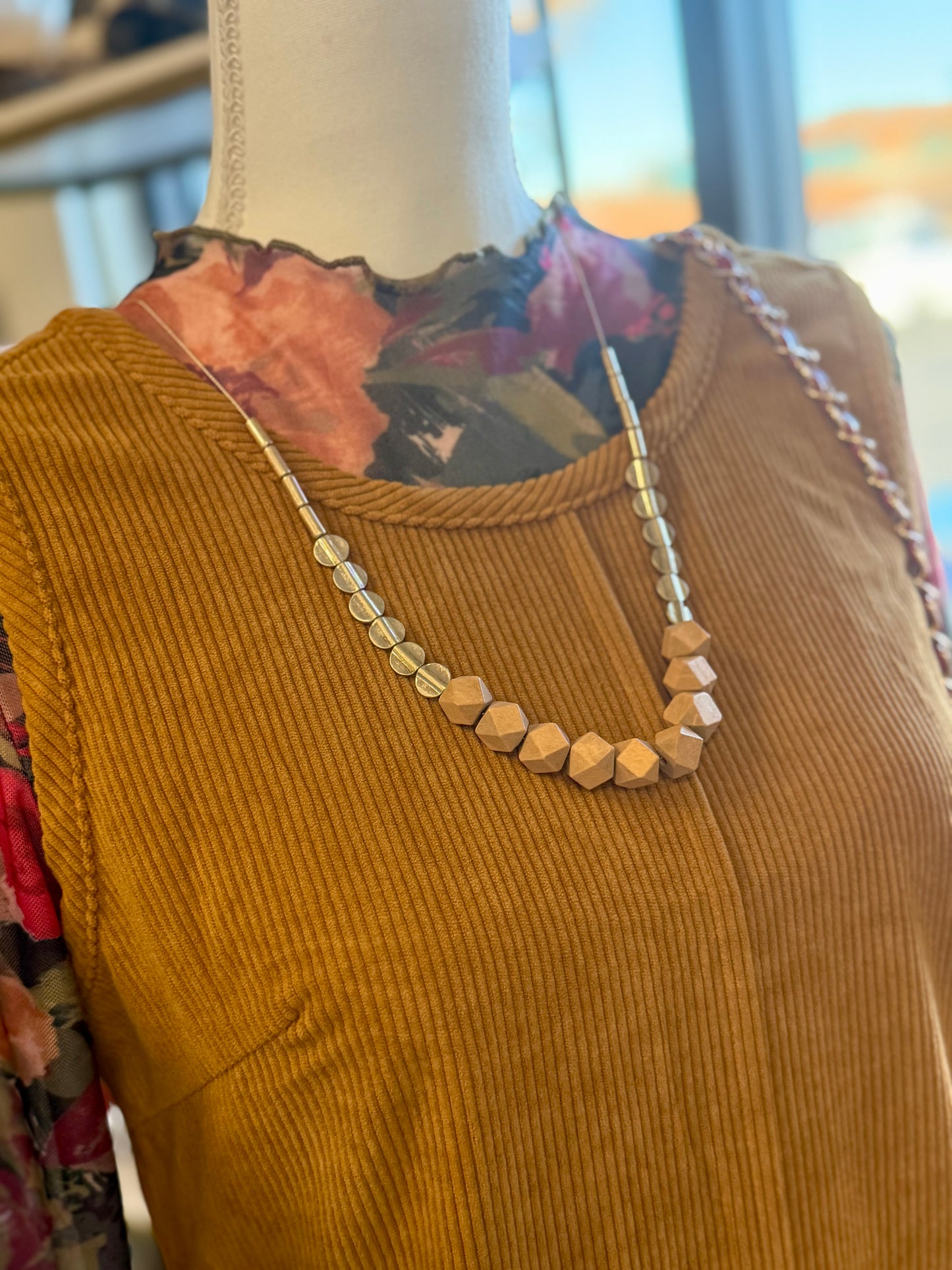 Light Brown Block Bead Charm Long Necklace