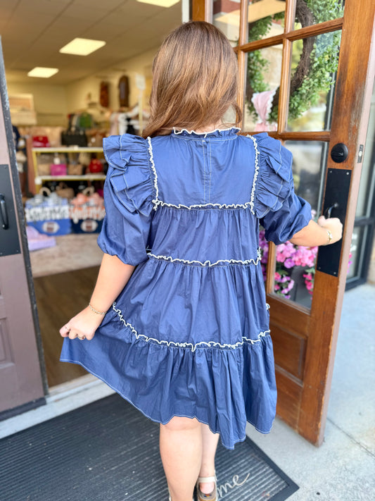 Navy Puff Sleeve Mini Dress