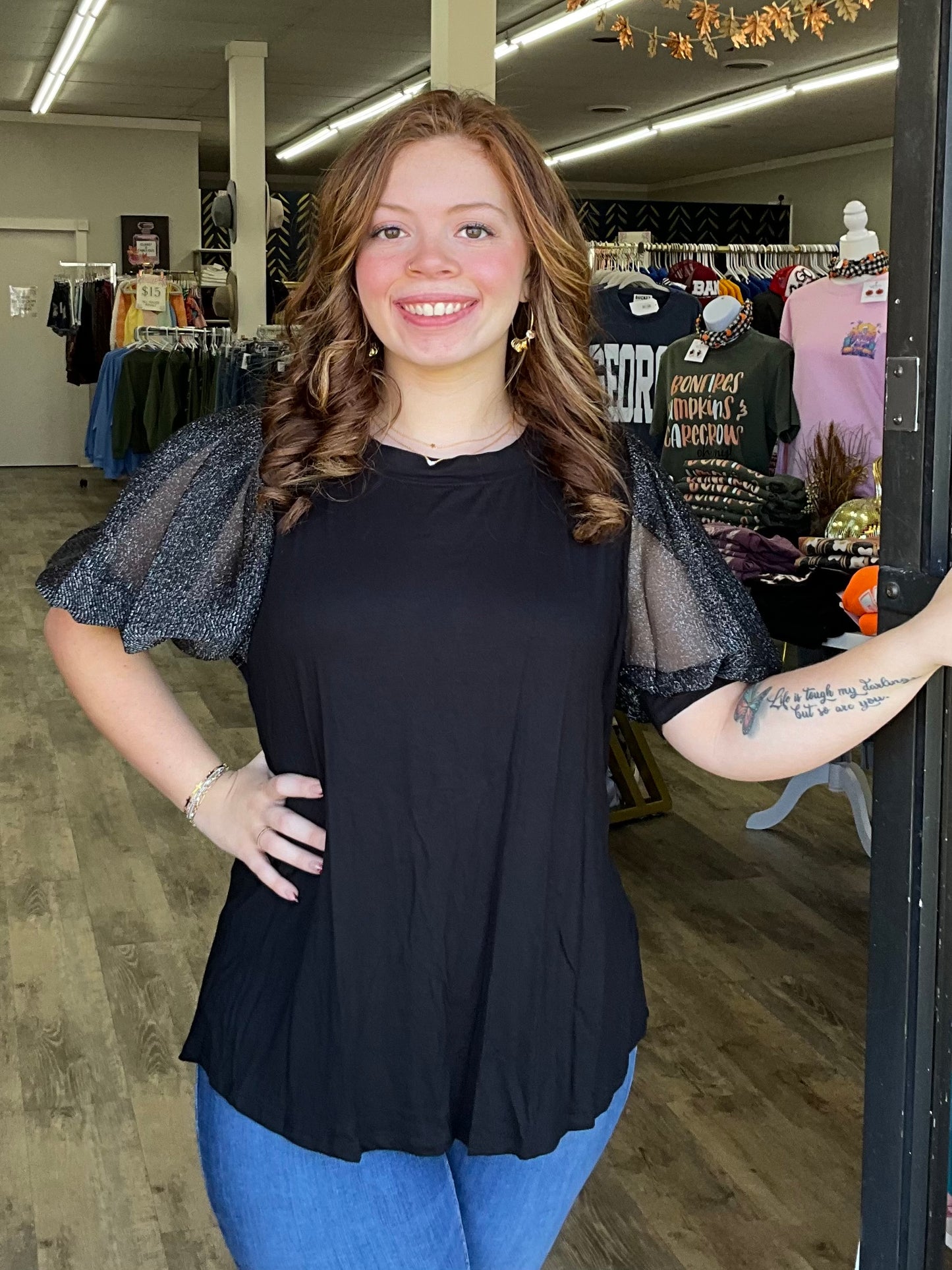 Black Sparkle Bubble Sleeve Top