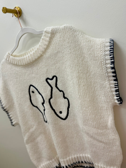 Coastal Fish Contrast Stitch Sweater Top