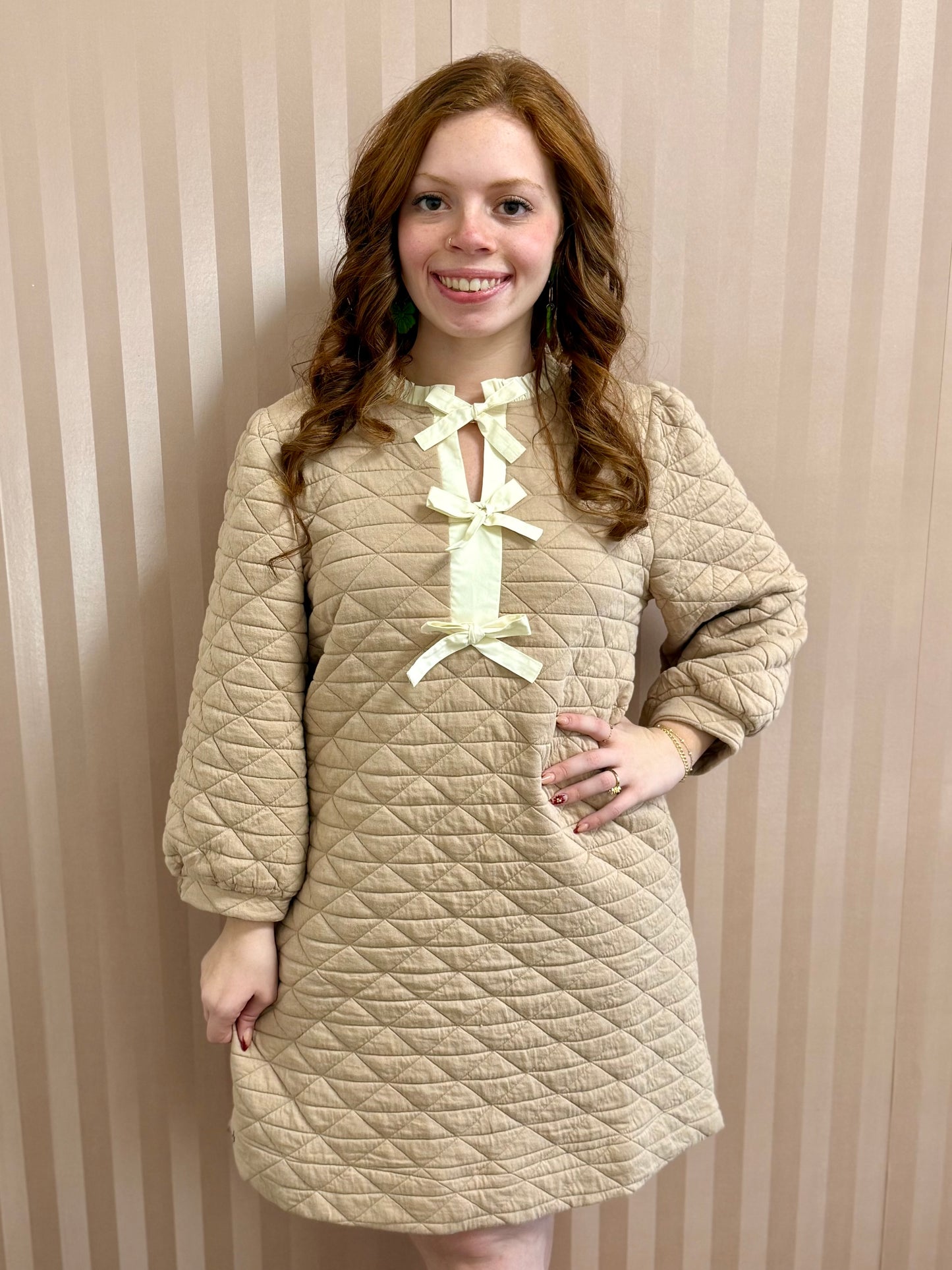 Taupe Bow Accent Textured Shift Dress