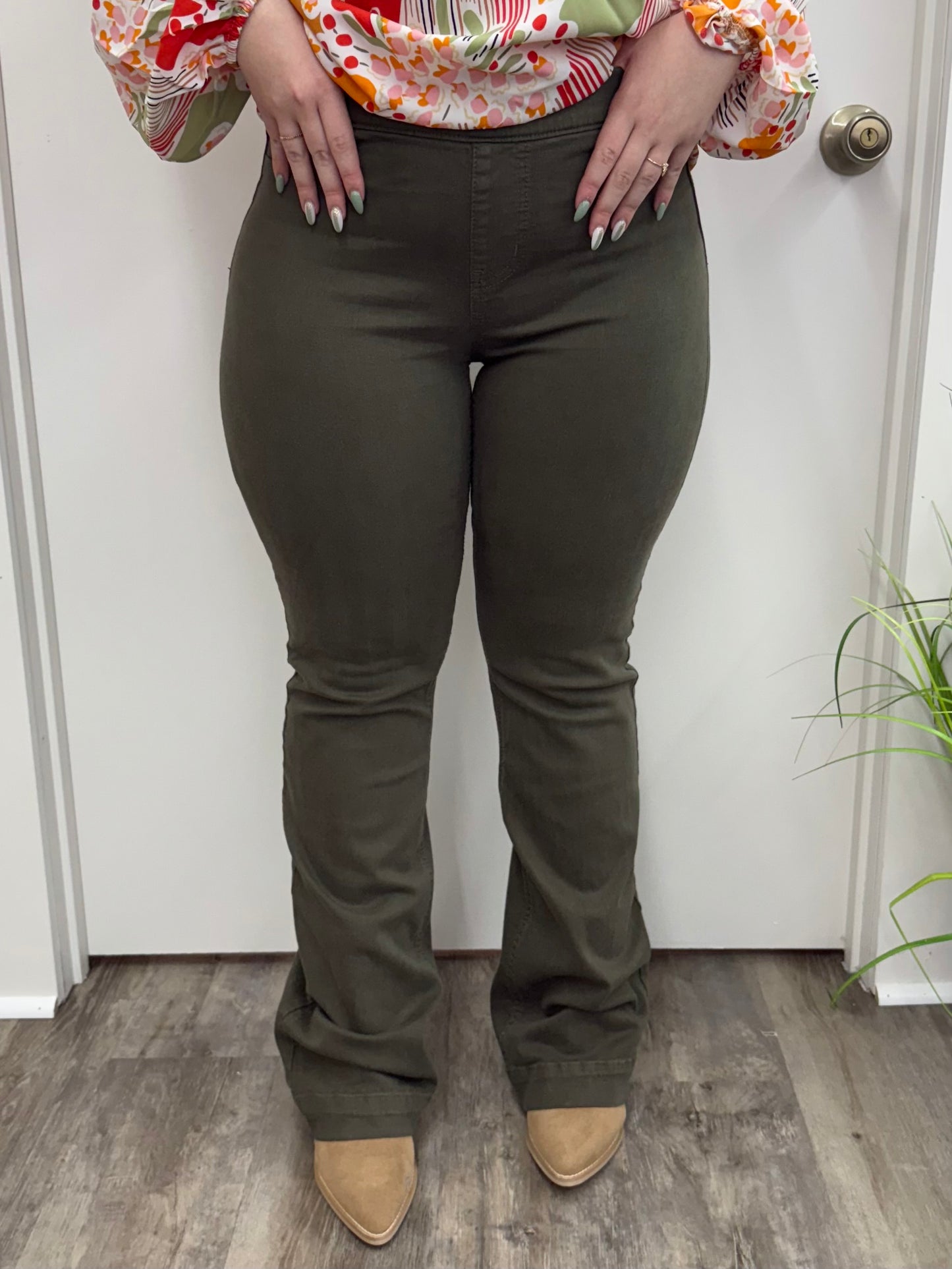 Olive Pull On Flare Jeans