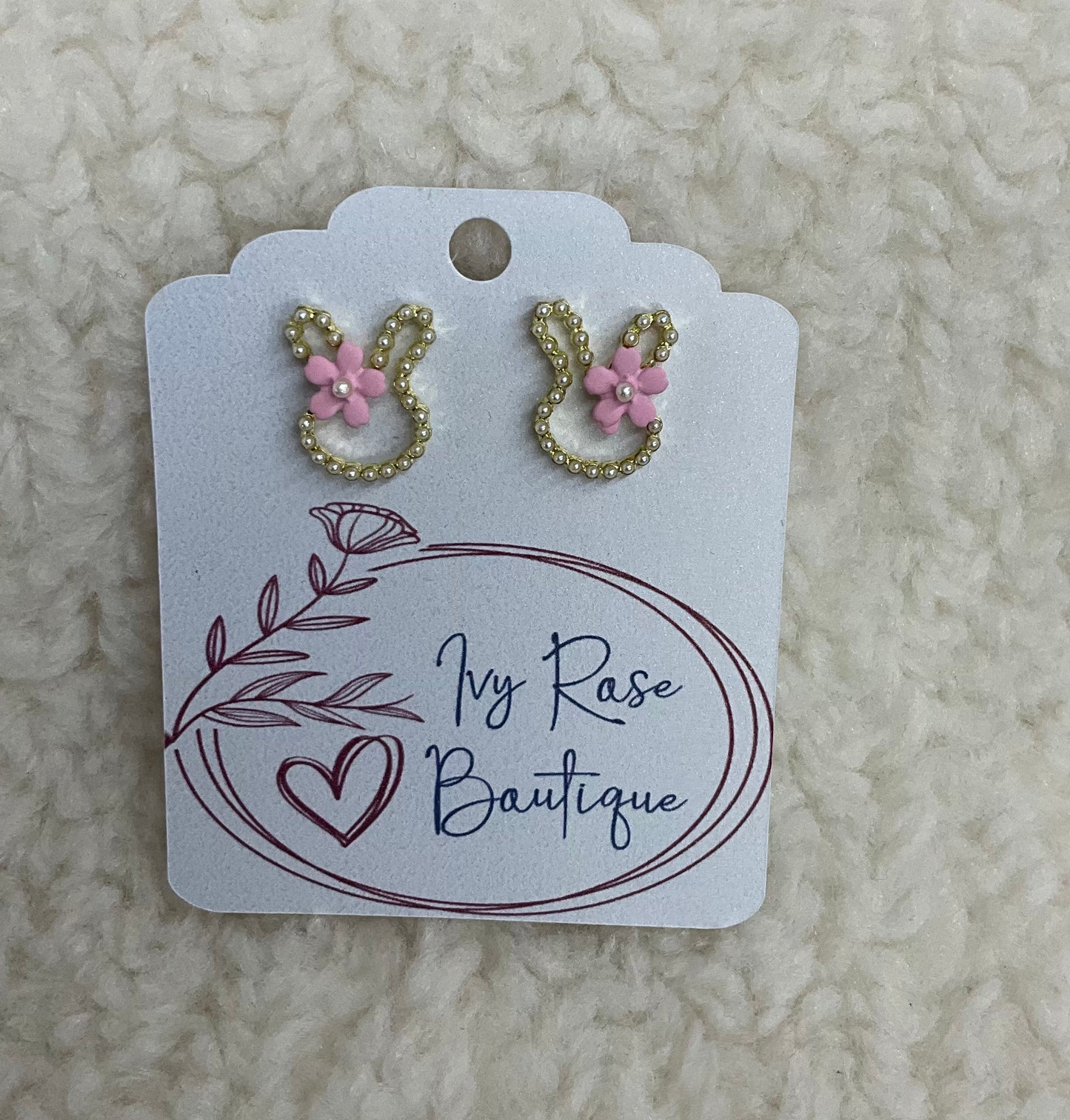Pearl Bunny with Pink Flower Studs