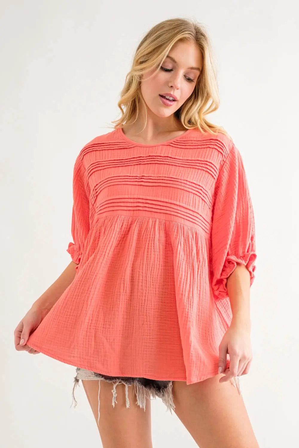 Puff Sleeve Pleated Tunic Top-Coral