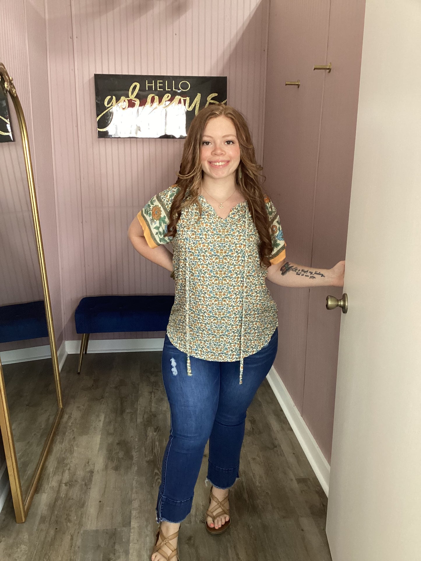 Bohemian style V-neck loose fitting blouse