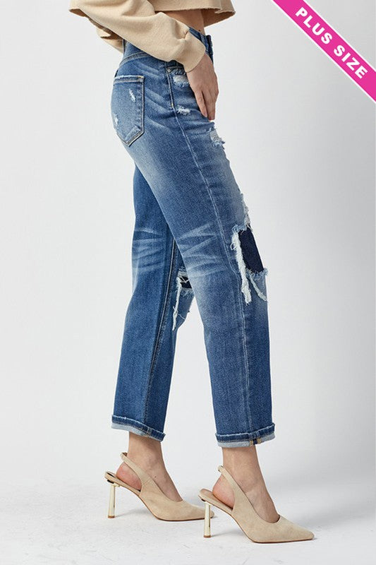 Plus High Rise Patched Straight Jeans